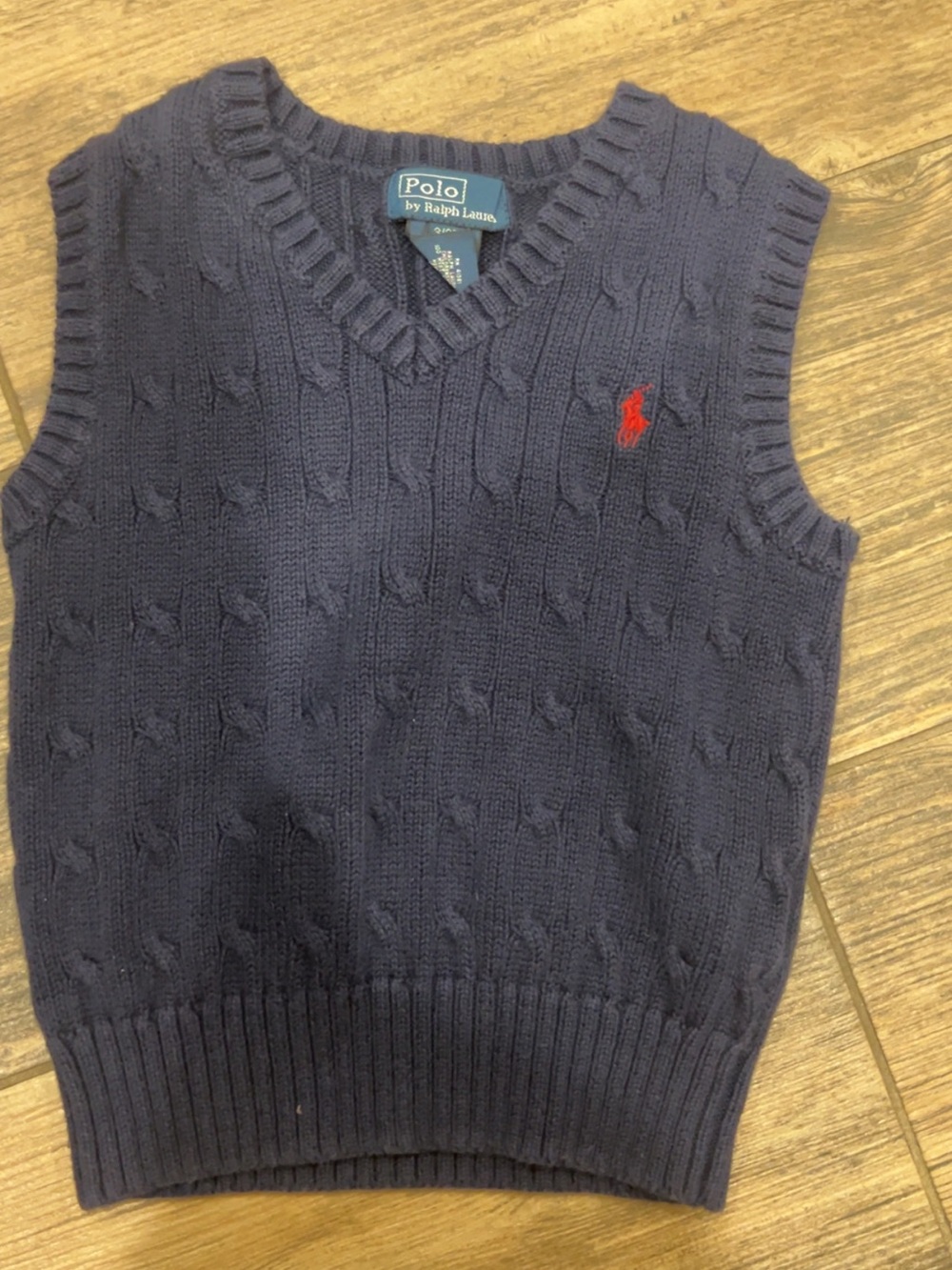 Polo by Ralph Lauren Navy Cable Knit V-Neck Vest with Red Pony Accent